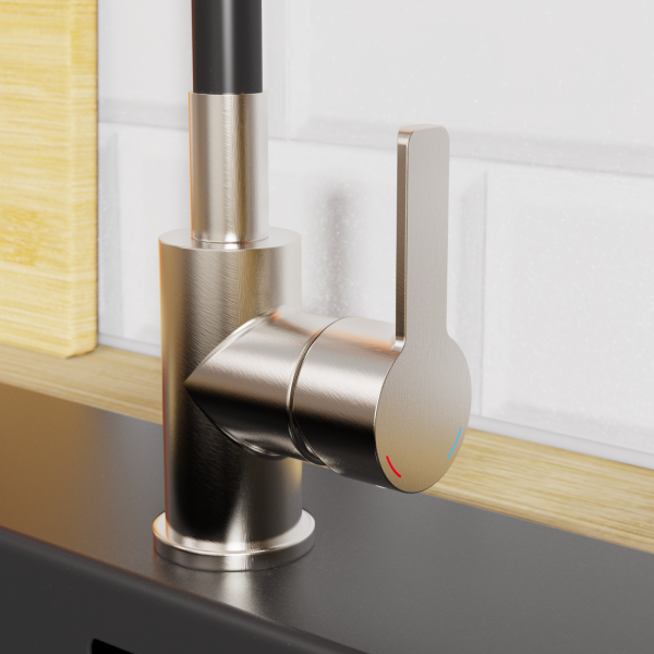Metallischer Wasserhahn mit seitlichem Hebelgriff und farbmarkierter Temperaturanzeige.