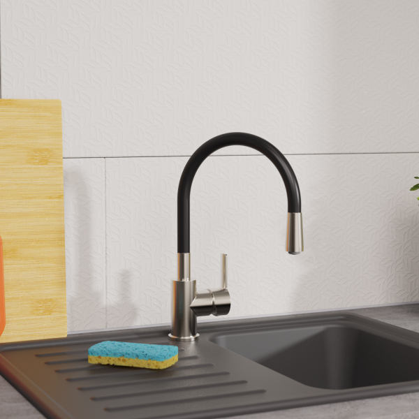 Schwarze Küchenarmatur mit flexiblen Auslauf an grauen Becken