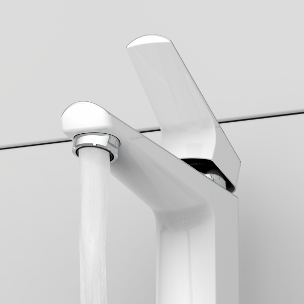 Chromfarbene Einhebel-Waschtischarmatur mit fließendem Wasserstrahl.