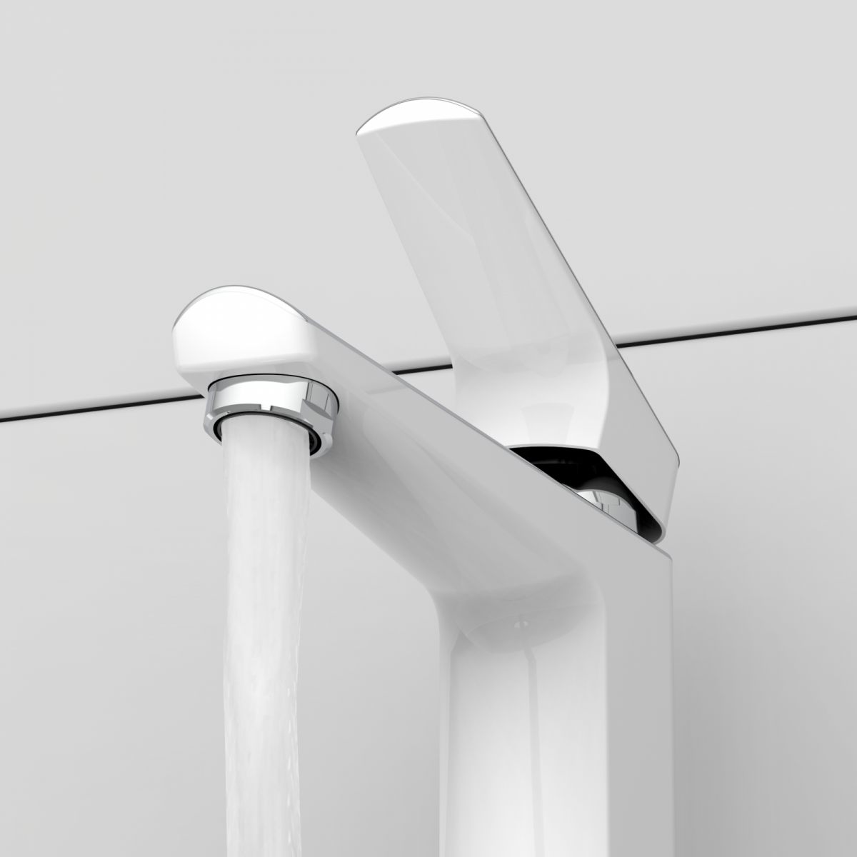 Chromfarbene Einhebel-Waschtischarmatur mit fließendem Wasserstrahl.