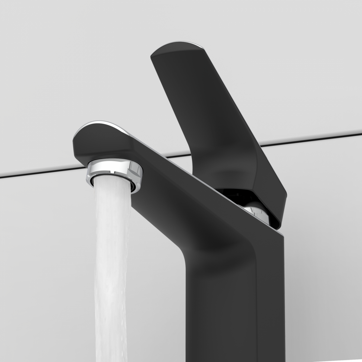 Schwarze Waschtischarmatur mit abgeflachtem Hebel, aus der Wasser fließt.