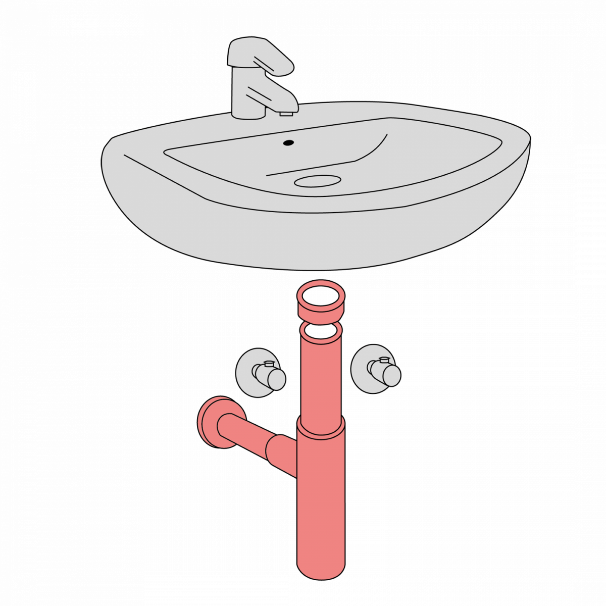 Grafische Darstellung eines Waschbeckens mit markiertem Siphon und zwei Wasseranschlüssen.