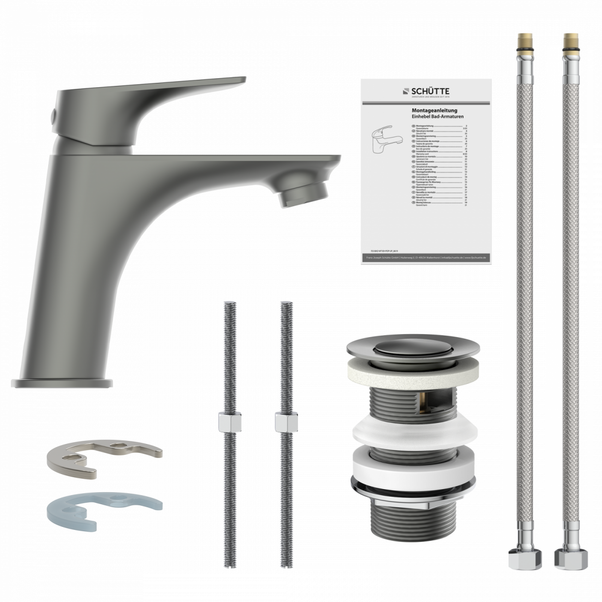 Einhebel-Waschtischarmatur in Grau mit Zubehör, Montagematerial und Anleitung.