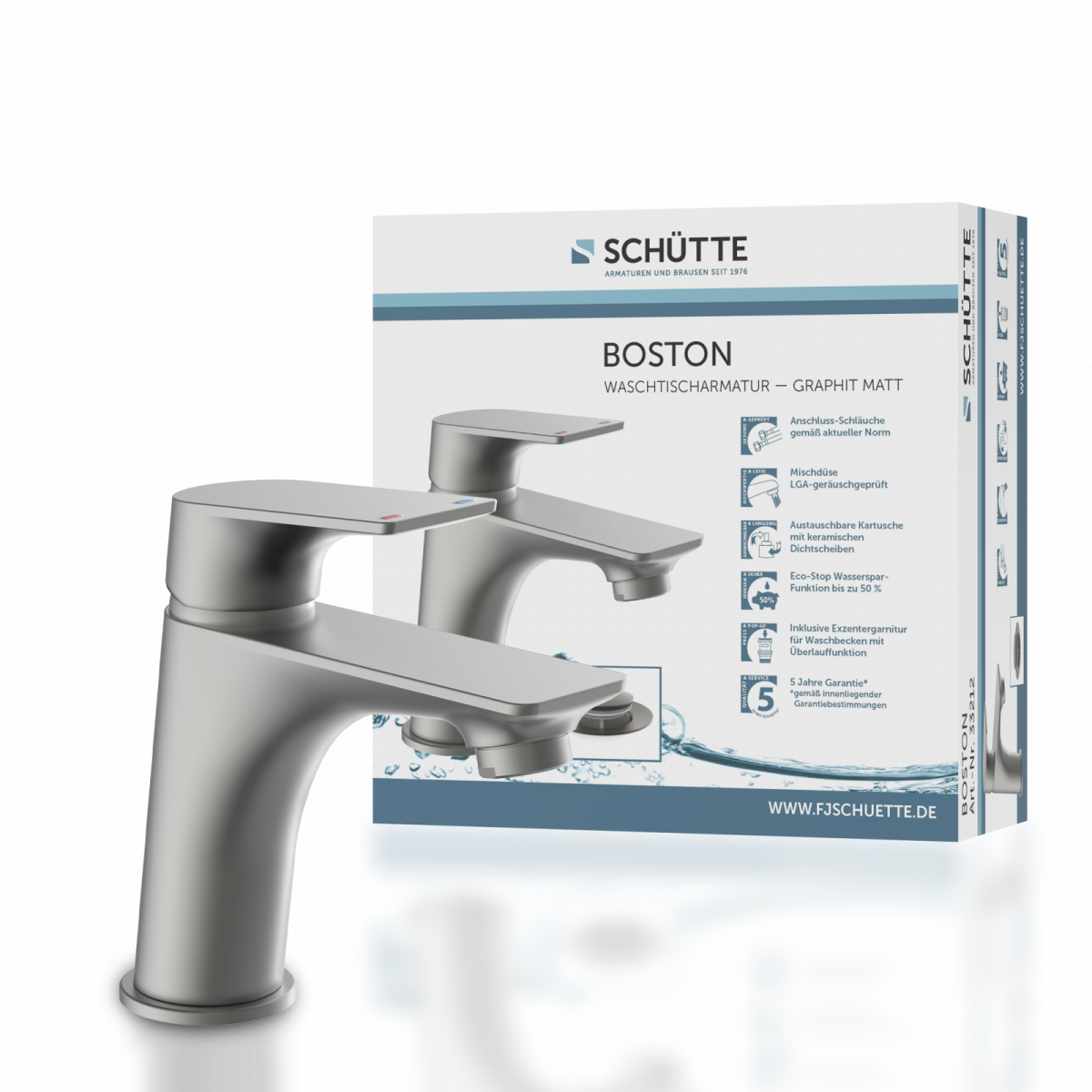 Graue Waschtischarmatur mit Hebelgriff vor Verpackung mit Produktinformationen - Boston.