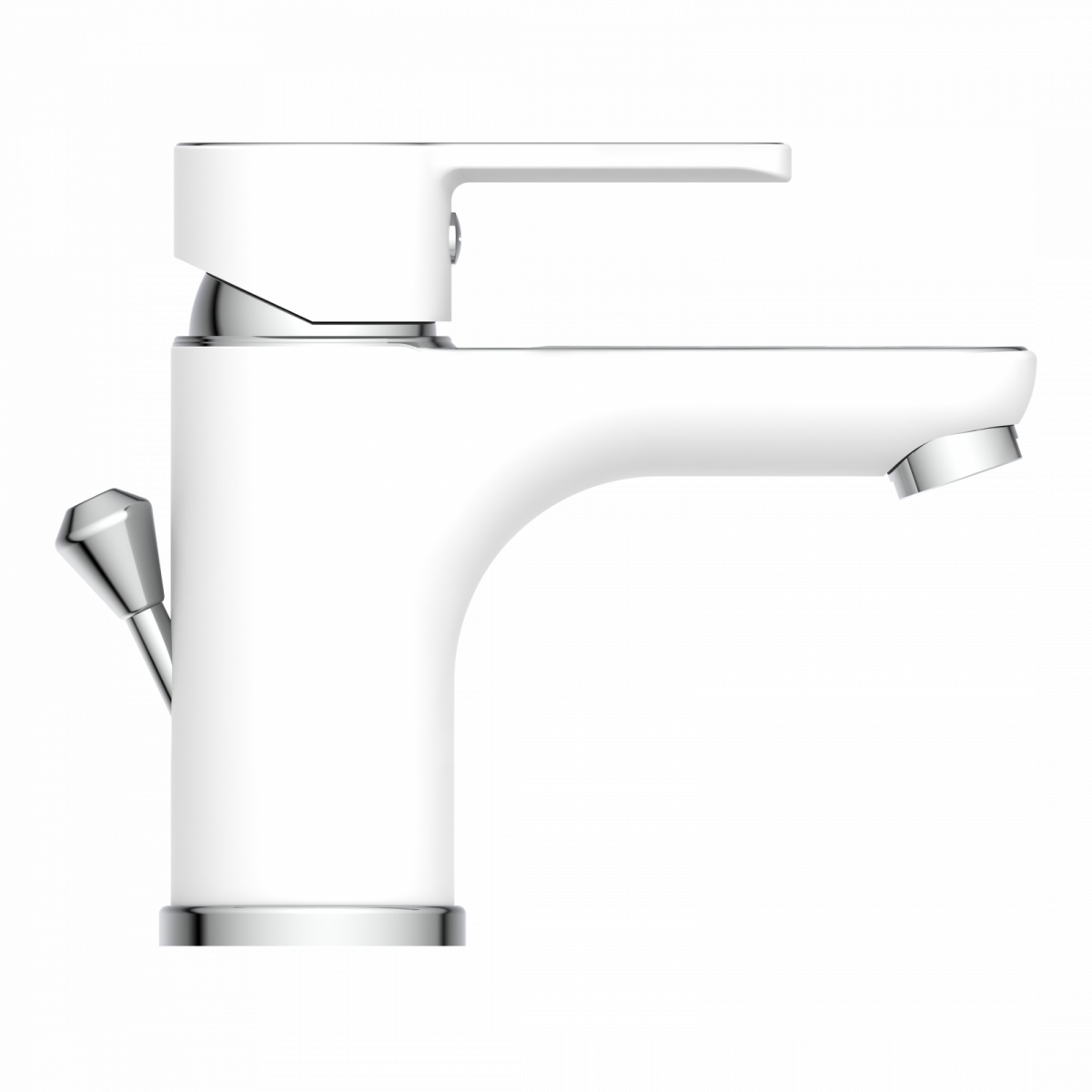 Weiße Einhebel-Waschtischarmatur mit seitlichem Zugknopf und kurzer Ausladung.