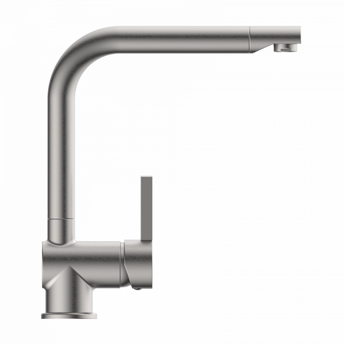 Gebogene Küchenarmatur aus gebürstetem Metall mit seitlichem Hebelgriff.