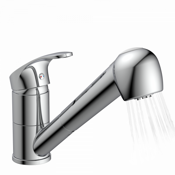 Chromfarbene Küchenarmatur mit Einhebelgriff und ausziehbarer Brause, aus der Wasser strömt.
