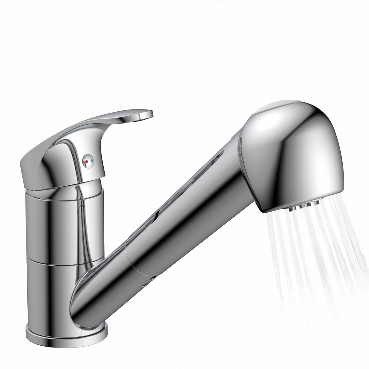 Chromfarbene Küchenarmatur mit Einhebelgriff und ausziehbarer Brause, aus der Wasser strömt.