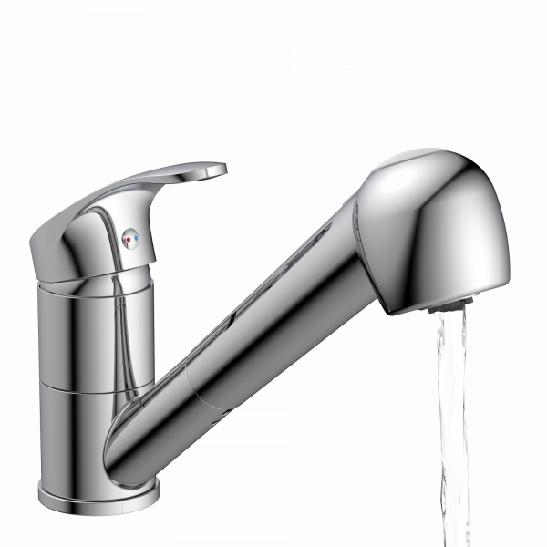 Chromfarbene Einhebel-Küchenarmatur mit ausziehbarem Auslauf, aus dem Wasser fließt.