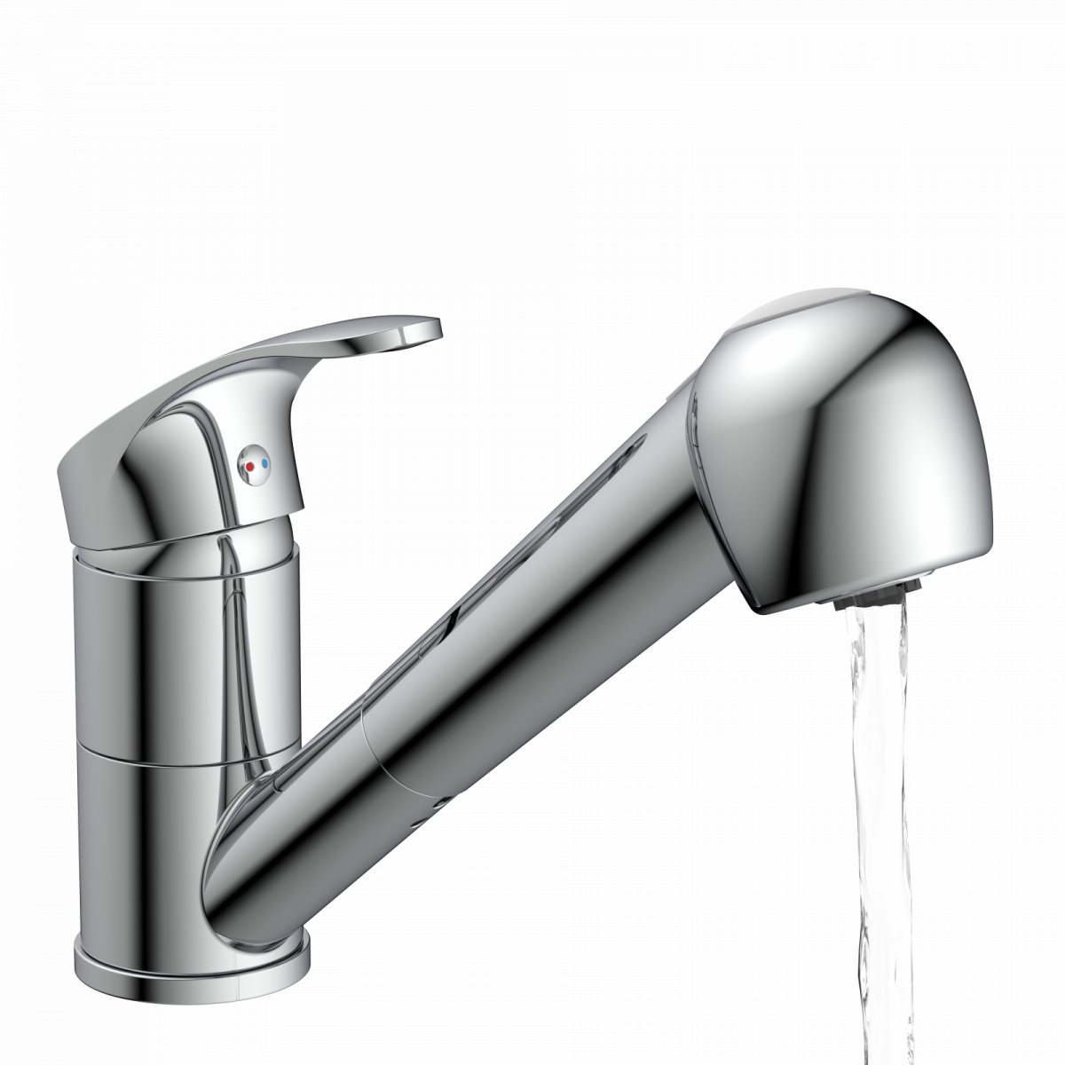 Chromfarbene Einhebel-Küchenarmatur mit ausziehbarem Auslauf, aus dem Wasser fließt.