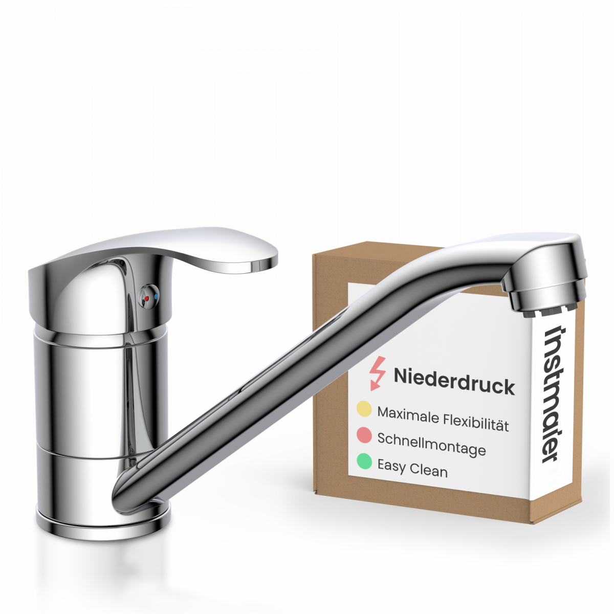 Verchromte Einhebel-Küchenarmatur mit langem Auslauf vor Verpackung mit Aufdruck „Niederdruck“.