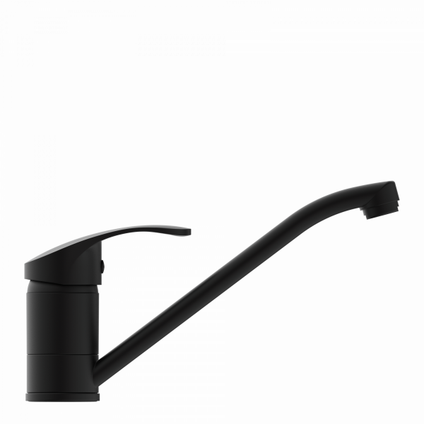 Schwarze Küchenarmatur mit langem, gebogenem Auslauf und seitlichem Bedienhebel.
