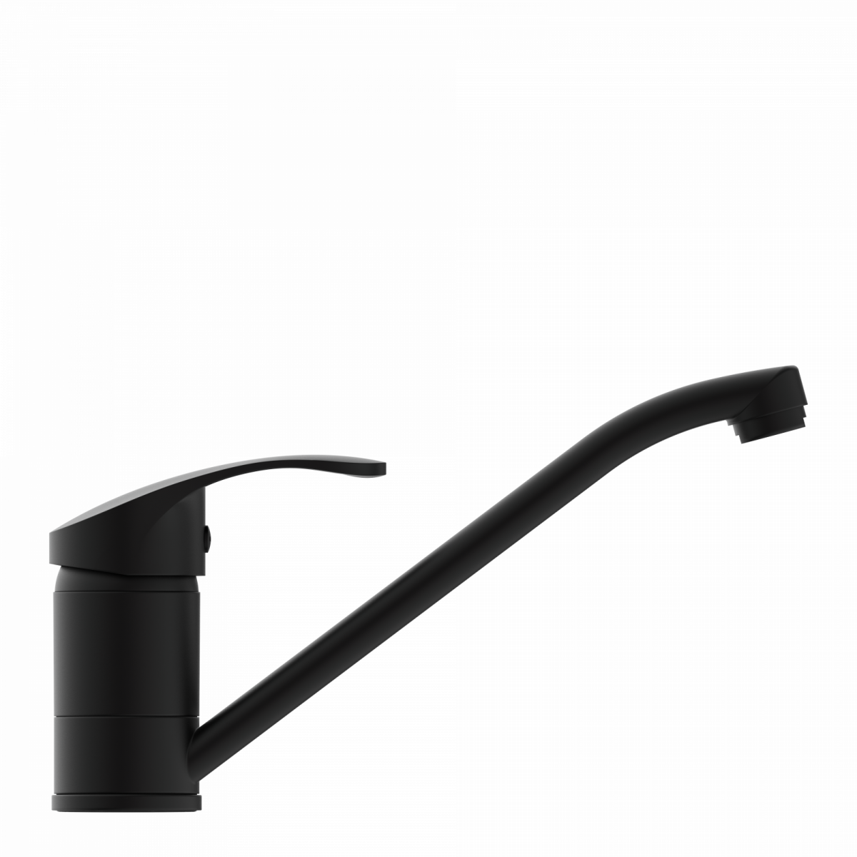 Schwarze Küchenarmatur mit langem, gebogenem Auslauf und seitlichem Bedienhebel.