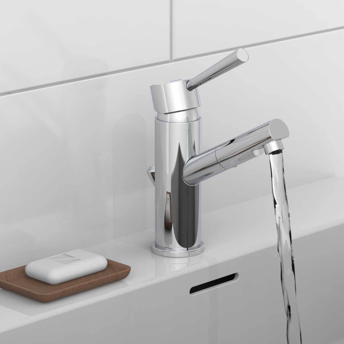 Wasserhahn aus Chrom mit Einhebelmischer, aus dem Wasser in ein Waschbecken fließt.