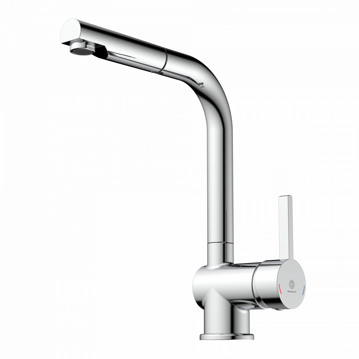 Verchromte Küchenarmatur mit hohem schwenkbarem Auslauf und seitlichem Bedienhebel.