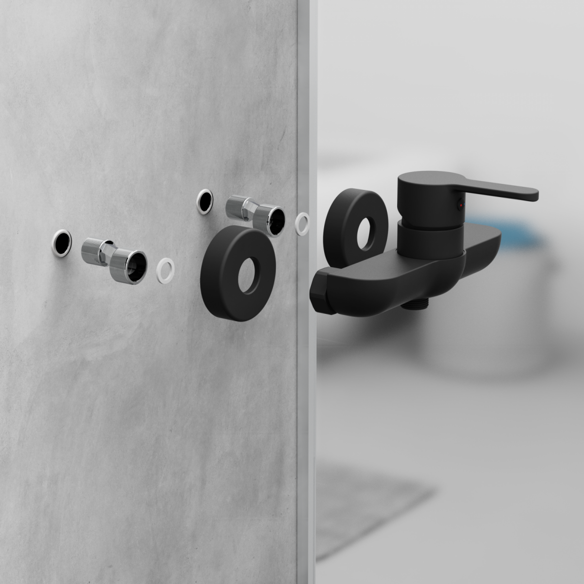 Schwarze Wandarmatur mit Einhebelmischer und sichtbaren Anschlussgewinden vor grauer Wand.