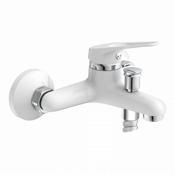 Weiße Wandarmatur mit Einhebelmischer und Umsteller für Badewanne oder Dusche.