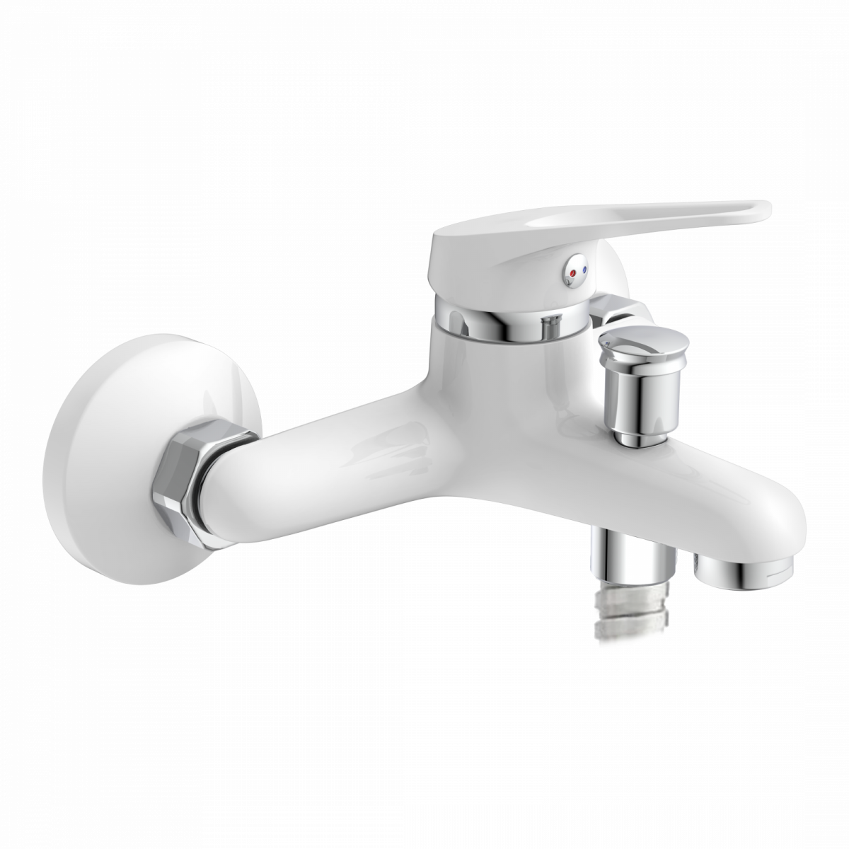 Weiße Wandarmatur mit Einhebelmischer und Umsteller für Badewanne oder Dusche.