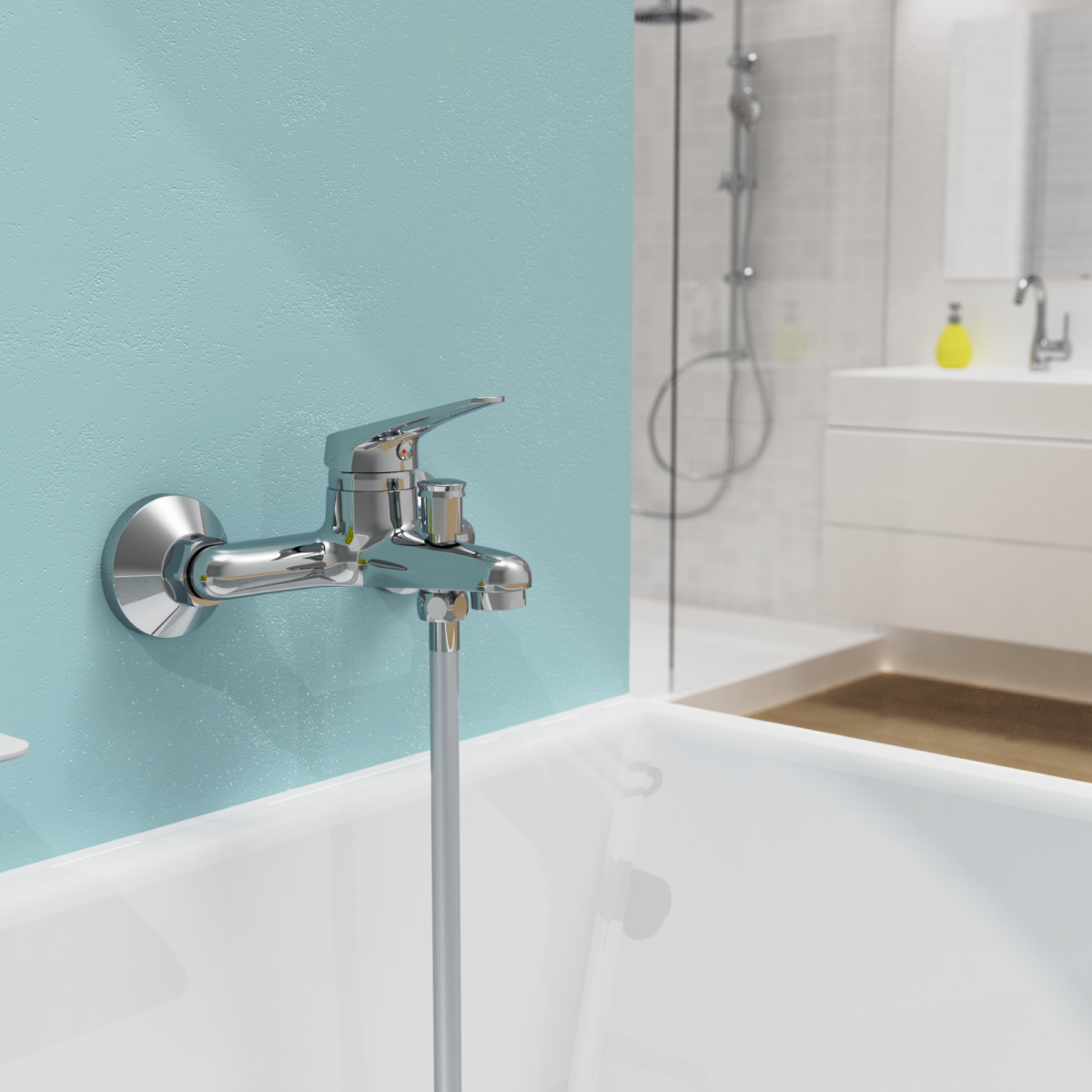 Verchromte Wannenarmatur mit Einhebelmischer an hellblauer Wand über Badewanne.