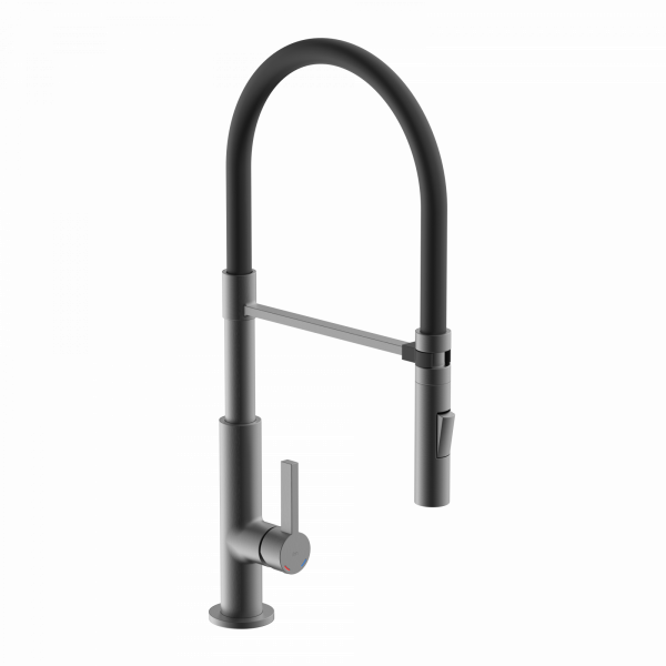 Schwarze Küchenarmatur mit hohem flexiblem Auslauf und seitlichem Bedienhebel.