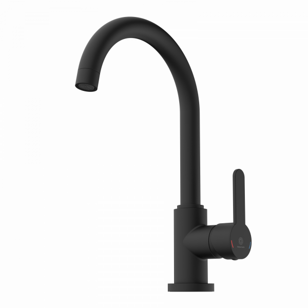 Schwarze Einhebel-Küchenarmatur mit gebogenem Auslauf und seitlichem Bedienhebel.