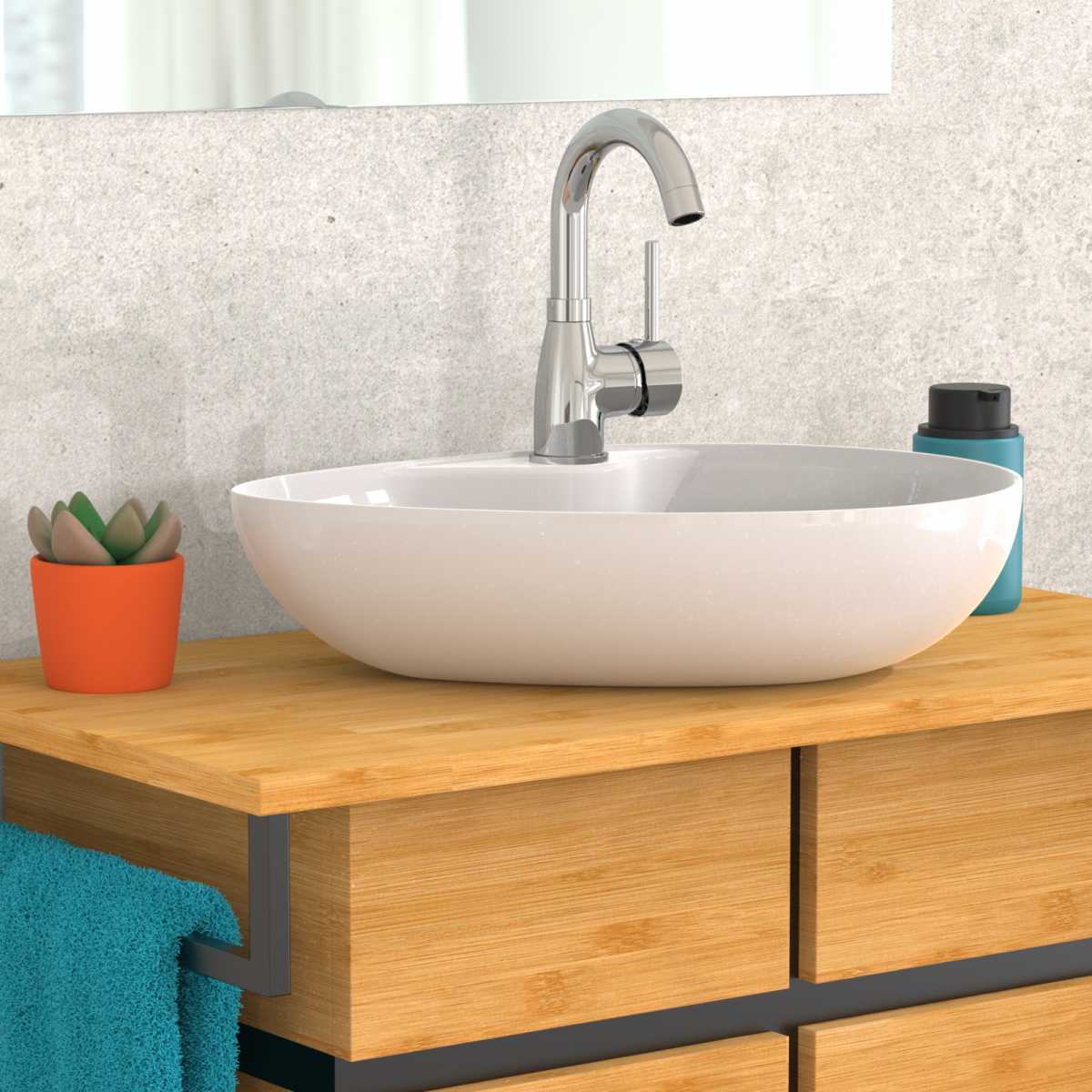 Weißes Aufsatzwaschbecken mit Chromarmatur auf Holzwaschtisch, daneben Pflanze und Seifenspender.
