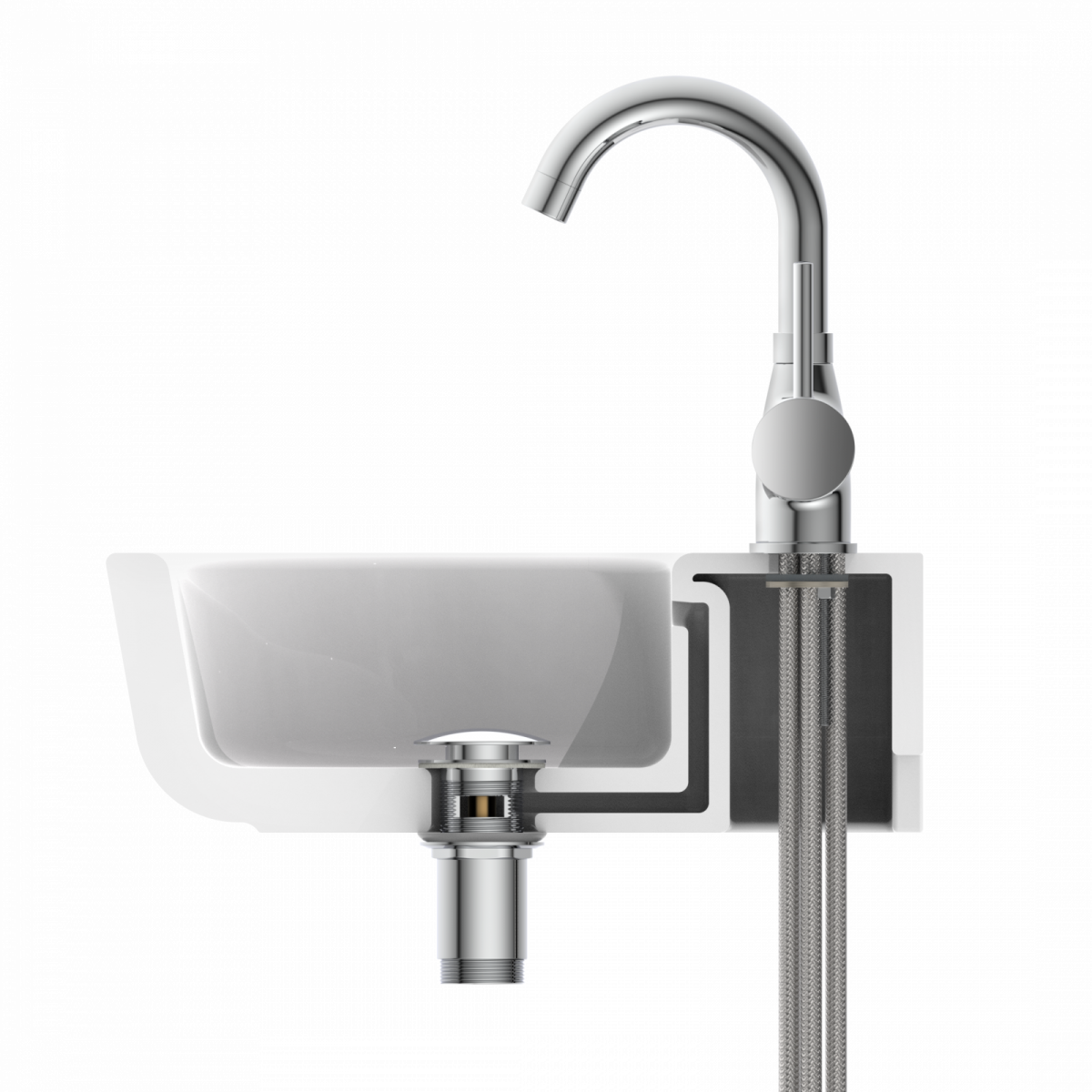 Querschnitt einer weißen Waschschale mit verchromtem Wasserhahn und Abflussrohr.