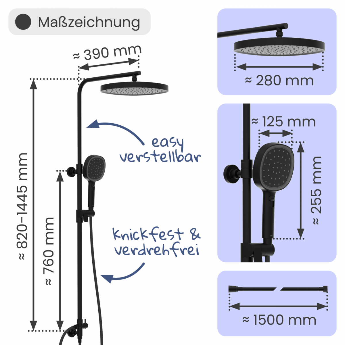 Regendusche Cleo, in Schwarz matt mit Drehumsteller
