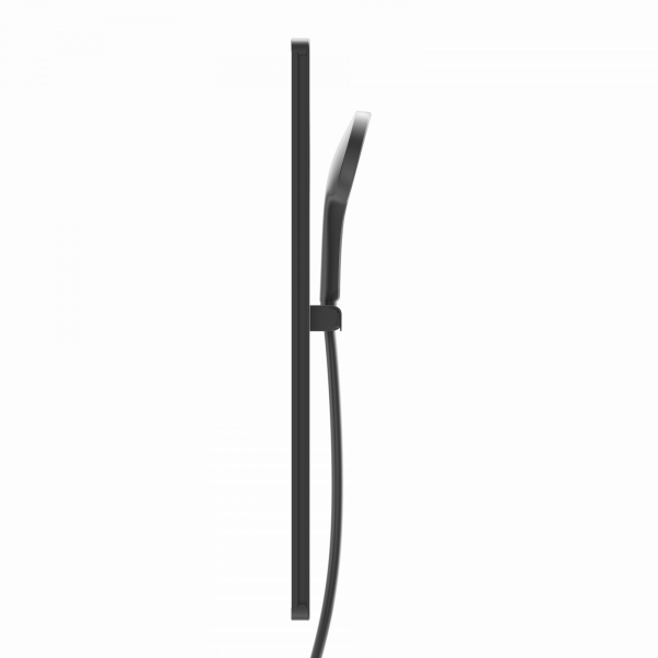 Seitliche Ansicht einer schwarzen Handbrause mit Schlauch und Wandhalterung.