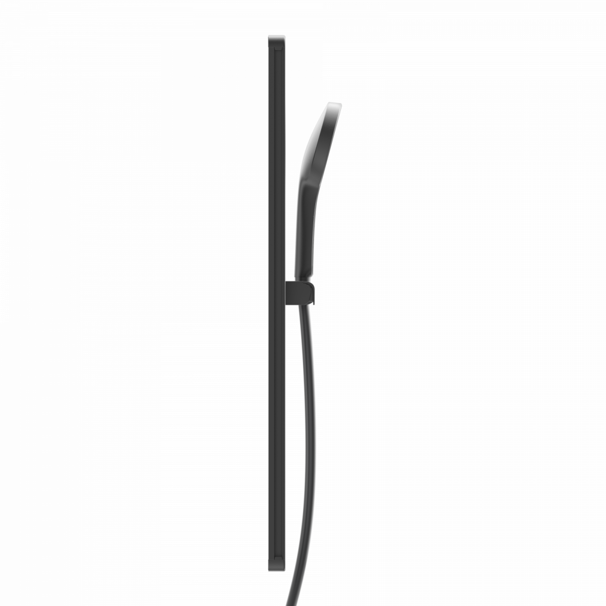 Seitliche Ansicht einer schwarzen Handbrause mit Schlauch und Wandhalterung.
