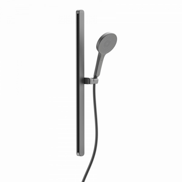 Handbrause mit verstellbarer Wandhalterung und flexiblem Schlauch in dunklem Farbton.