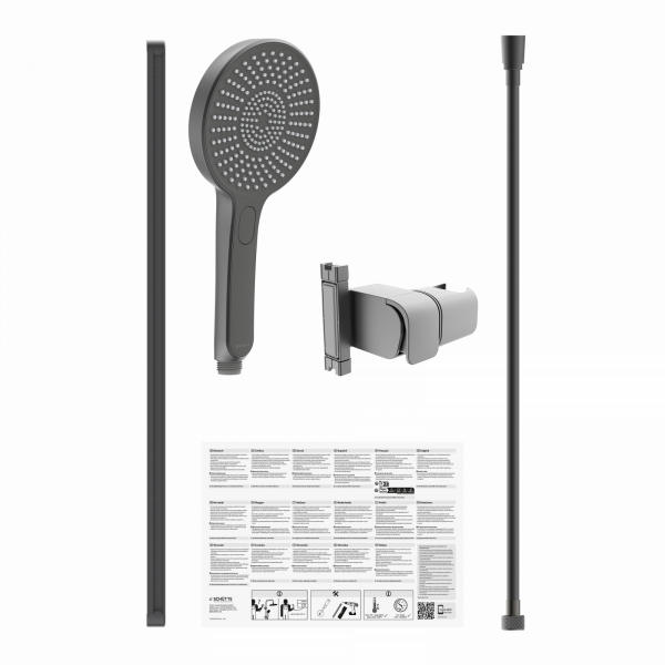 Duschset mit Handbrause, Wandhalterung, Duschstange, Schlauch und Bedienungsanleitung.