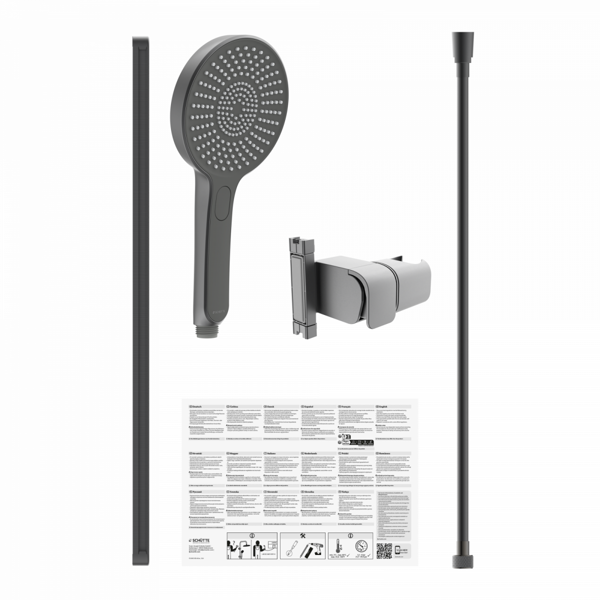 Duschset mit Handbrause, Wandhalterung, Duschstange, Schlauch und Bedienungsanleitung.