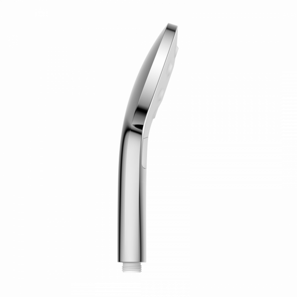 Chromfarbene Handbrause in seitlicher Ansicht mit gerundetem Griff und Anschlussgewinde.
