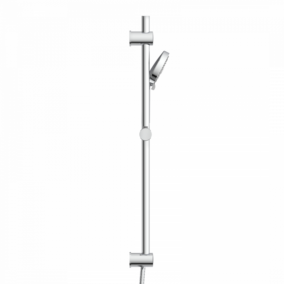 Chromfarbene Handbrause mit verstellbarer Halterung an senkrechter Duschstange.