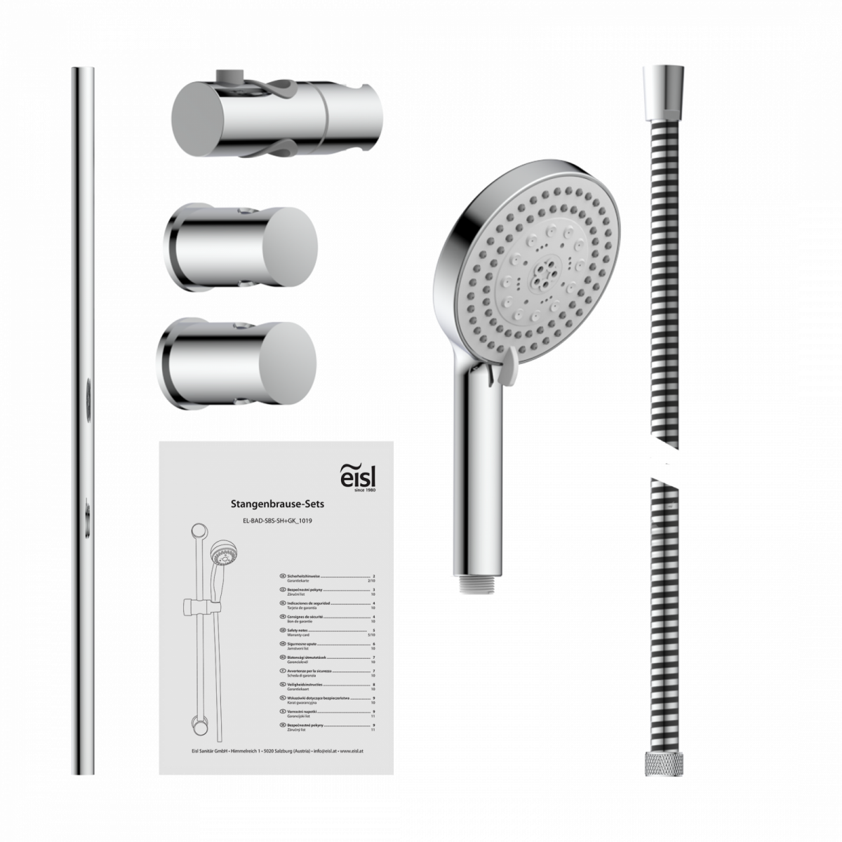 Duschset mit Handbrause, Brauseschlauch, Wandstange, Halterungen und Montageanleitung