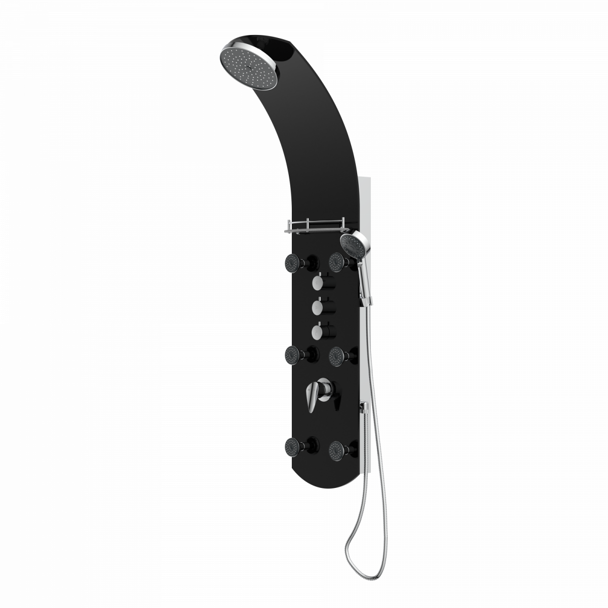 Schwarzes Duschpaneel mit Kopfbrause, Handbrause, Reglern und mehreren Massagedüsen.