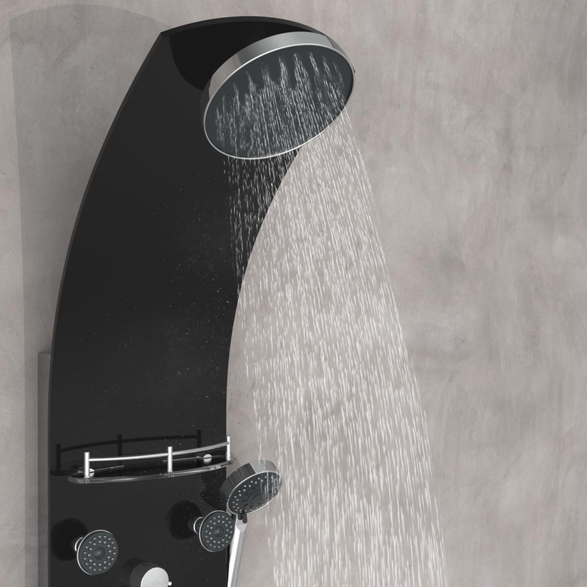 Schwarze Duschsäule mit rundem Duschkopf, aus dem Wasserstrahlen fließen.