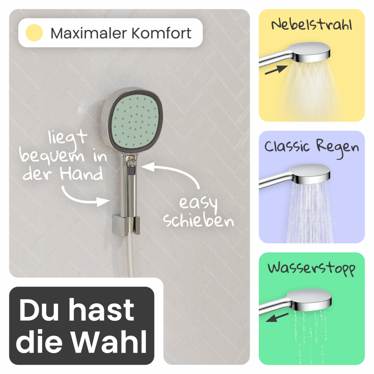 Duschbrause Set Cleo, in Chrom/Salbei mit Schlauch und 3 Strahlarten