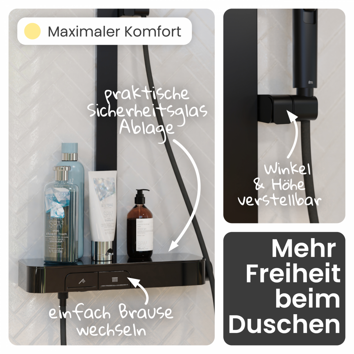 Regendusche Cleo, in Schwarz matt mit Thermostat und Ablage