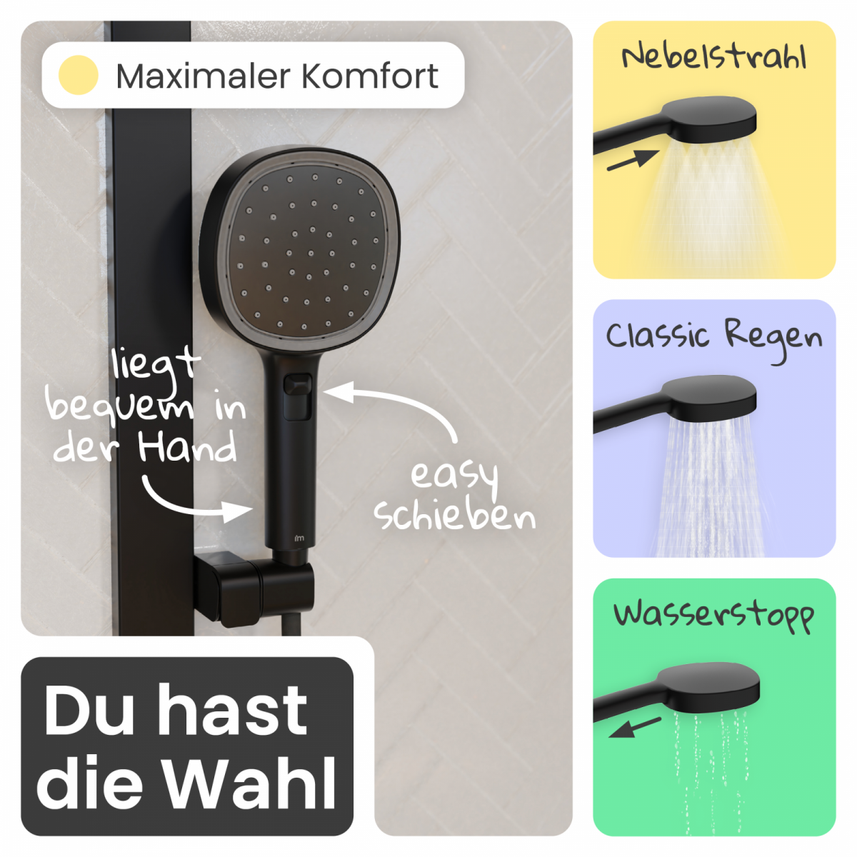 Regendusche Cleo, in Schwarz matt mit Thermostat und Ablage