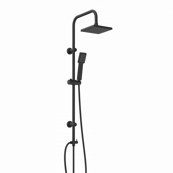 Schwarzes Duschsystem mit quadratischer Kopfbrause und Handbrause an verstellbarer Stange.