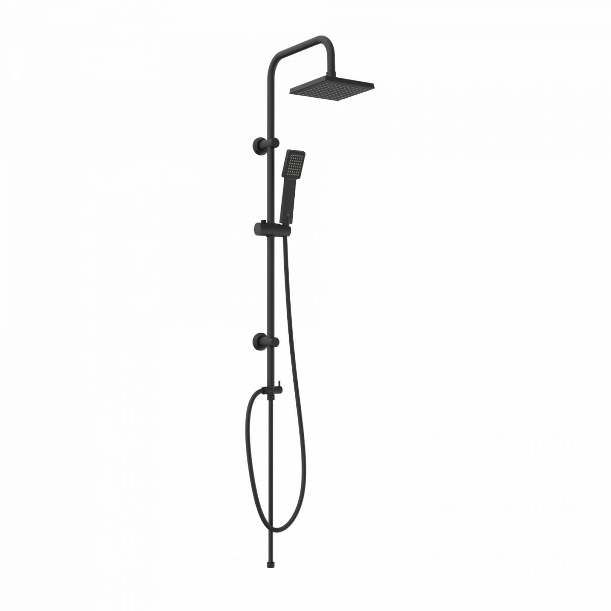 Schwarzes Duschsystem mit eckigem Duschkopf, Handbrause und verstellbarer Stange.