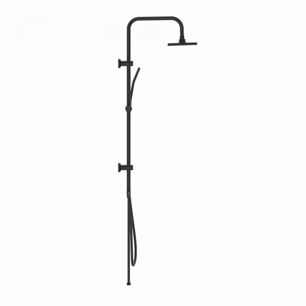 Schwarzes Duschsystem mit rundem Duschkopf, Handbrause und höhenverstellbarer Stange.