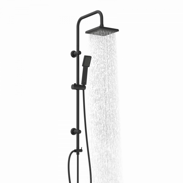 Schwarzes Duschsystem mit eckiger Kopfbrause, Handbrause und fließendem Wasserstrahl.