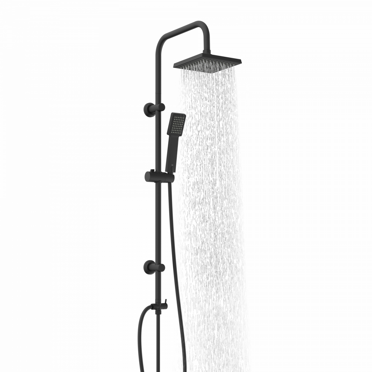 Schwarzes Duschsystem mit eckiger Kopfbrause, Handbrause und fließendem Wasserstrahl.