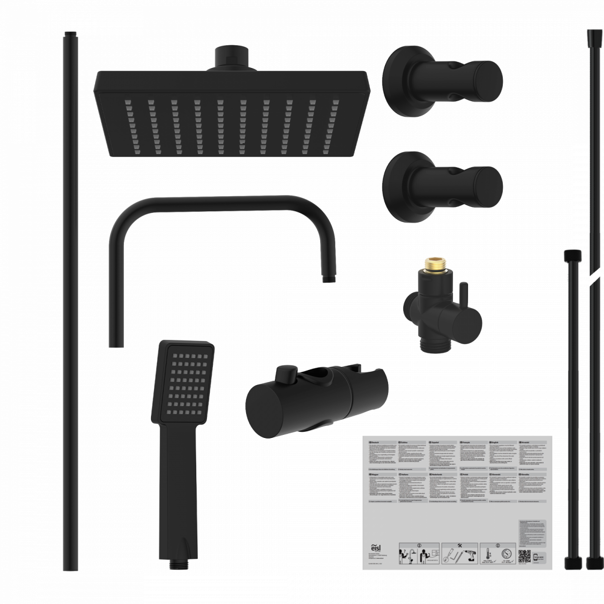 Schwarzes Duschset mit eckiger Kopfbrause, Handbrause, Armaturen und Montagematerial.