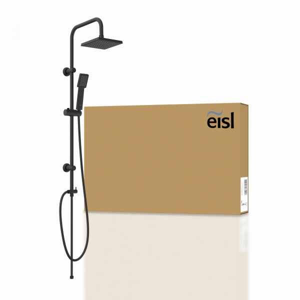 Schwarzes Duschsystem mit eckiger Kopf- und Handbrause vor braunem Karton mit eisl-Logo.