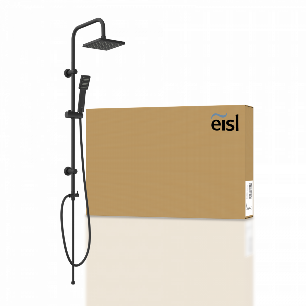 Schwarzes Duschsystem mit eckiger Kopf- und Handbrause vor braunem Karton mit eisl-Logo.