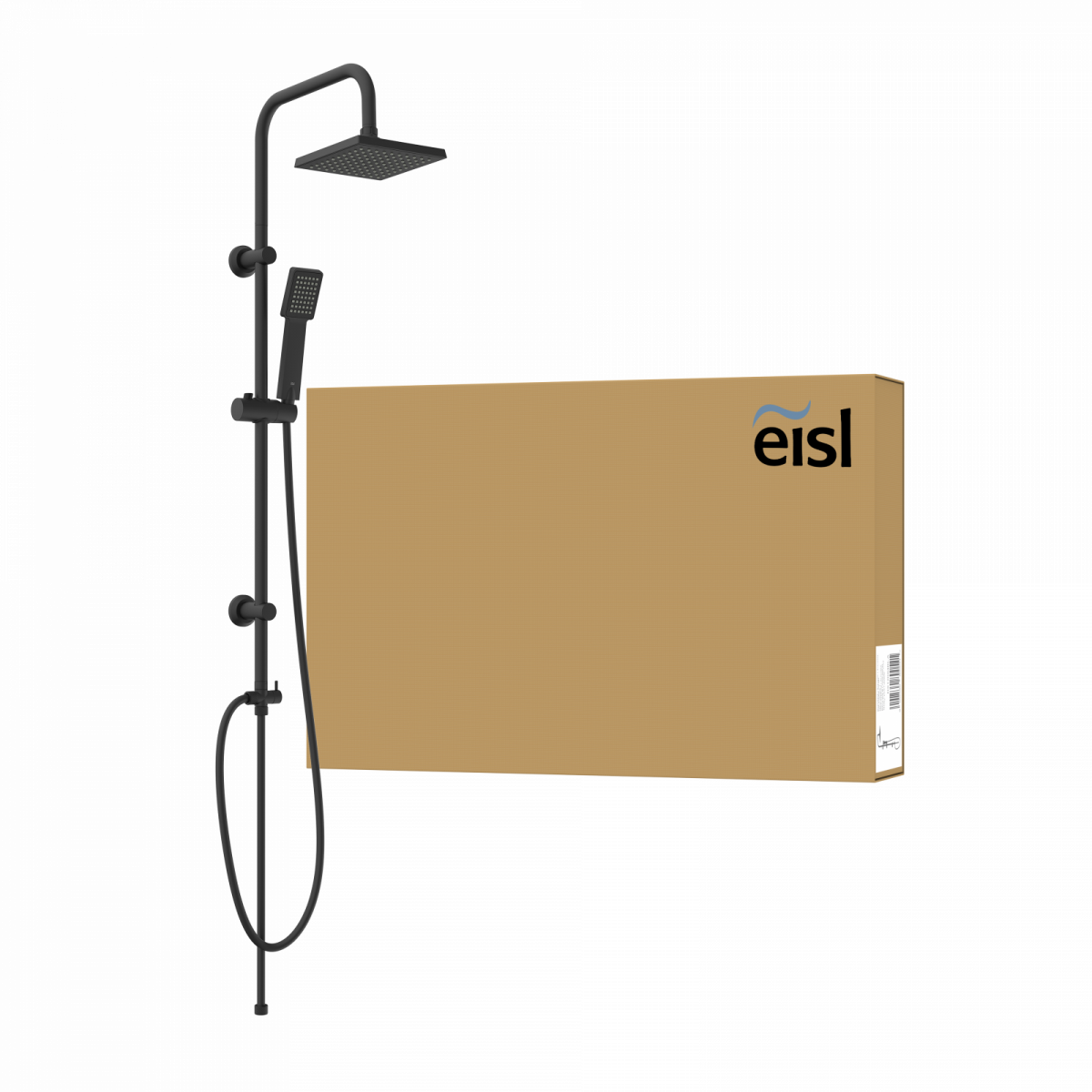 Schwarzes Duschsystem mit eckigem Duschkopf, Handbrause und flexiblem Schlauch vor Kartonverpackung.